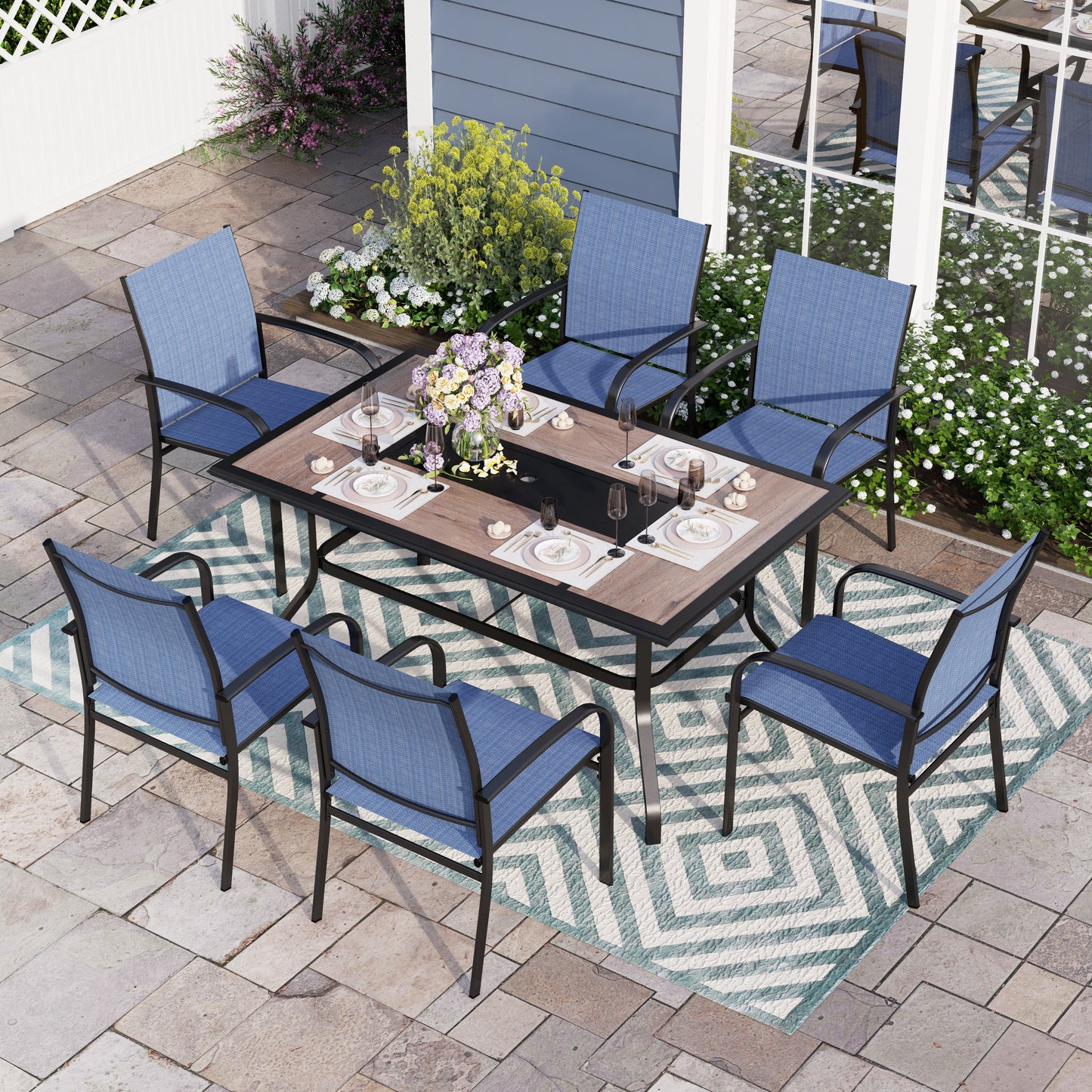 Sophia & William 7 Piece Patio Metal Dining Set Patio Dining Table and 6 Blue Textilene Chairs