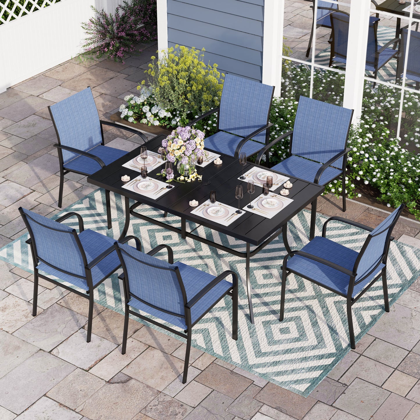 Sophia & William Outdoor 7-Piece Patio Dining Set Rectangular Table Set with 6 Textilene Chairs - Blue