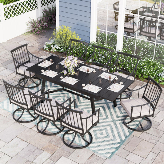 Sophia & William 9-Piece Metal Patio Outdoor Dining Set Swivel Chairs and Expandable Table Furniture Set with Beige Cushions