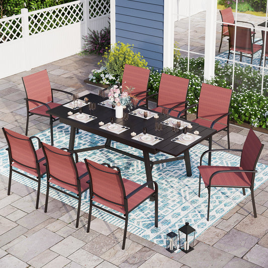 Sophia & William 9 Piece Patio Metal Dining Set Extendable Table and 8 Red Textilene Chairs