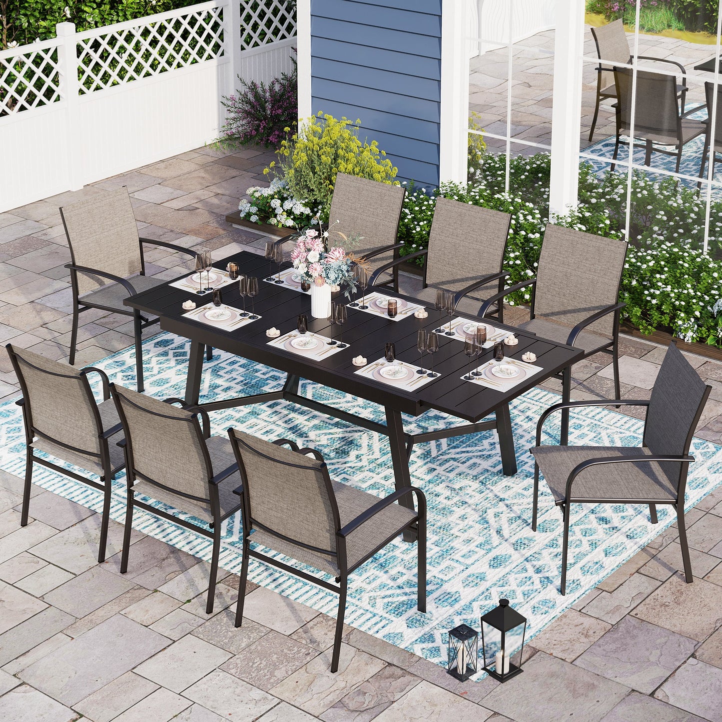 Sophia & William 9 Piece Patio Metal Dining Set Extendable Table and 8 Brown Textilene Chairs