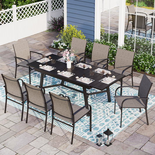 Sophia & William 9 Piece Patio Metal Dining Set Extendable Table and 8 Brown Textilene Chairs