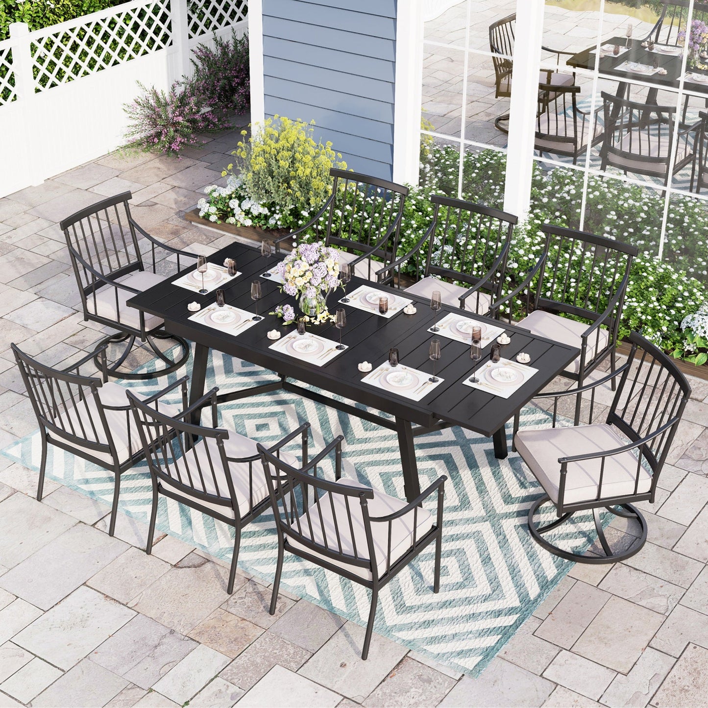 Sophia & William 9 Pieces Outdoor Patio Dining Set Metal Extendable Table and Swivel Chiars Set Patio Furniture Sets with Cushions