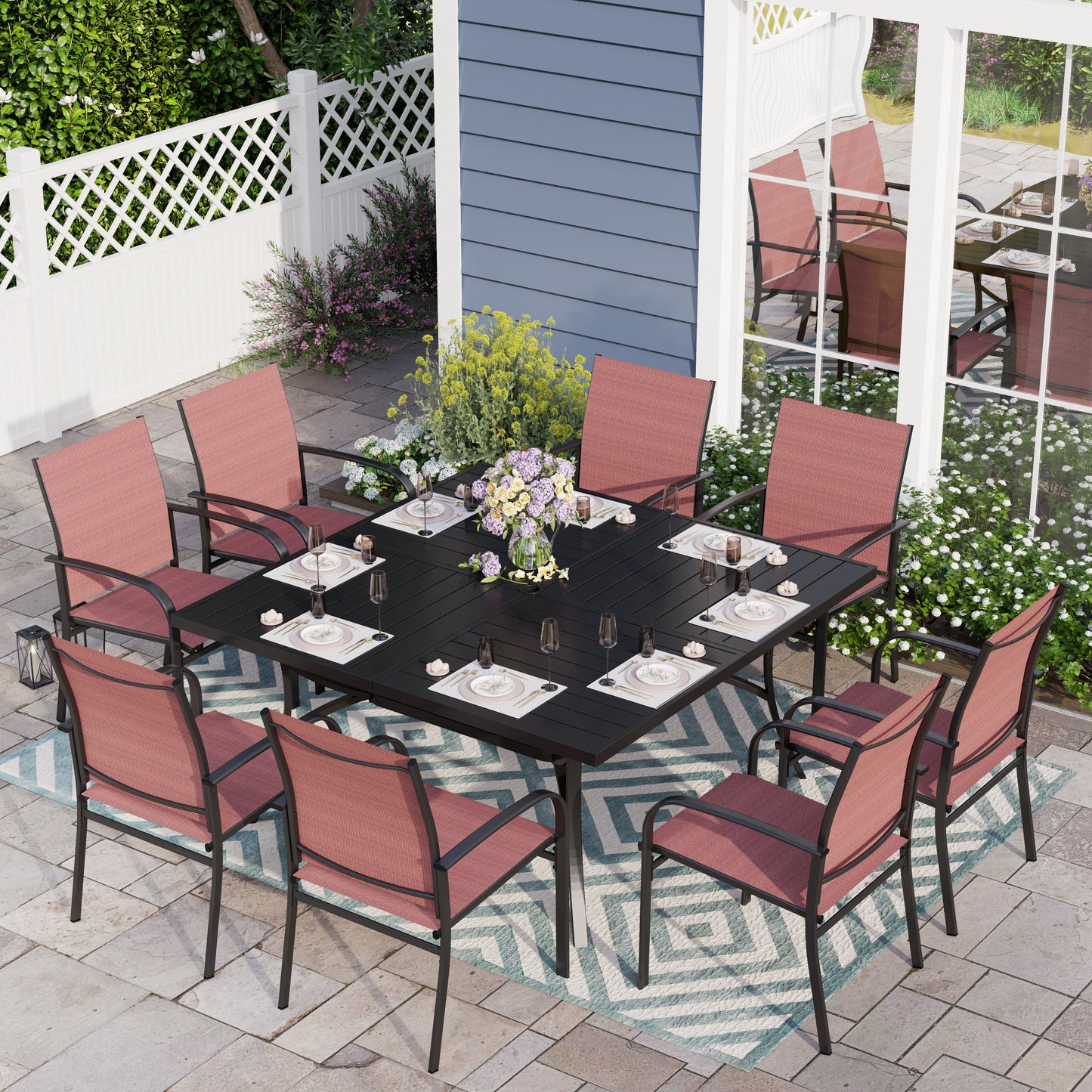 Sophia & William 9 Piece Patio Metal Dining Set 60" Square Table and 8 Red Textilene Chairs