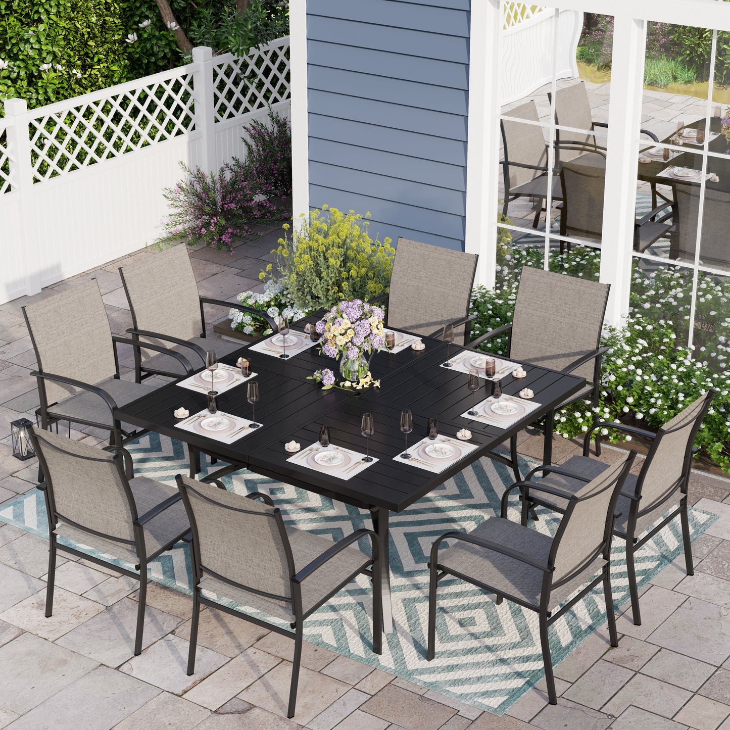 Sophia & William 9-Piece Patio Dining Set Outdoor Metal Square Table Set with 8 Brown Textilene Patio Chairs, Brown