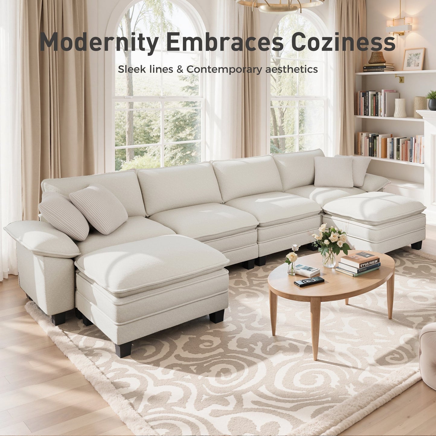 Sophia&William 123.6"L Convertible Sectional Sofa Couch, Modern Chenille Couch 4-Seat Modular Sectional Sofa  for Living Room,White