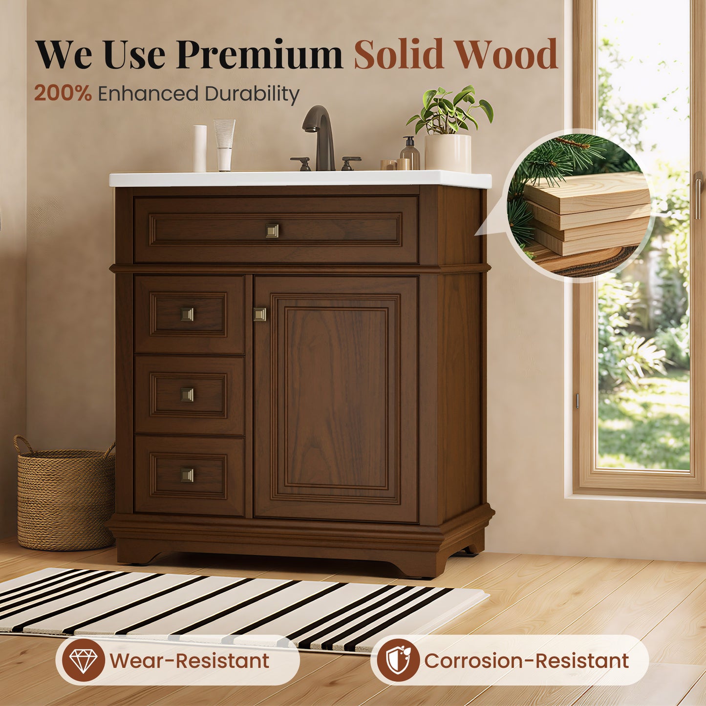 Sophia & William 30inch Bathroom Vanity with 5inch Deep Sink Freestanding Wood Bathroom Cabinet Vanity with 1 Door & 2 Drawers, Cherry Brown