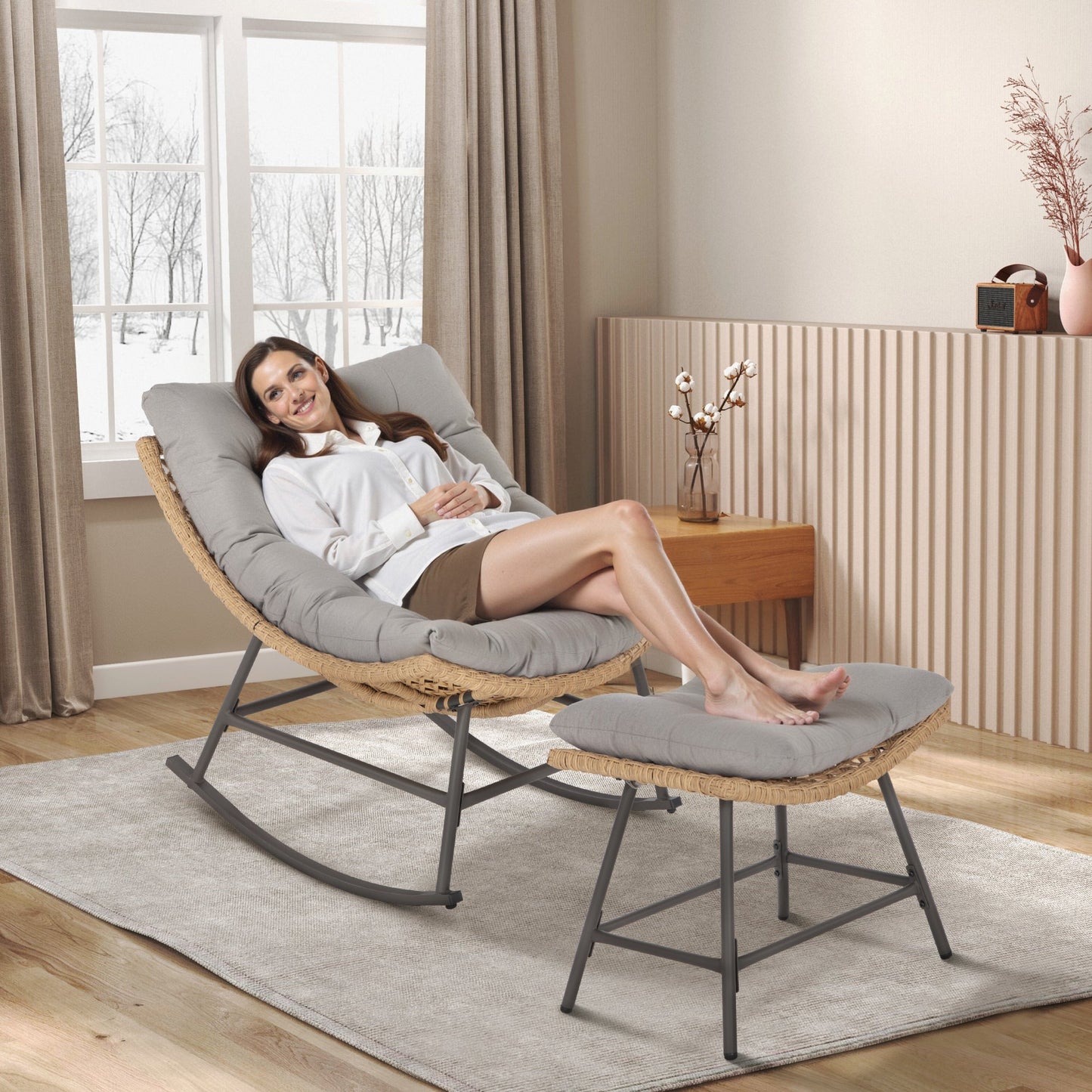 Alpha Joy 2 Pieces Rocking Papasan Egg Chair with Footstool, Grey