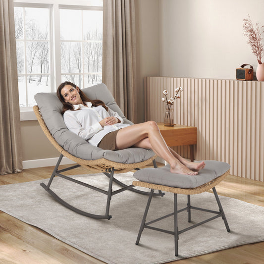 Alpha Joy 2 Pieces Rocking Papasan Egg Chair with Footstool, Grey