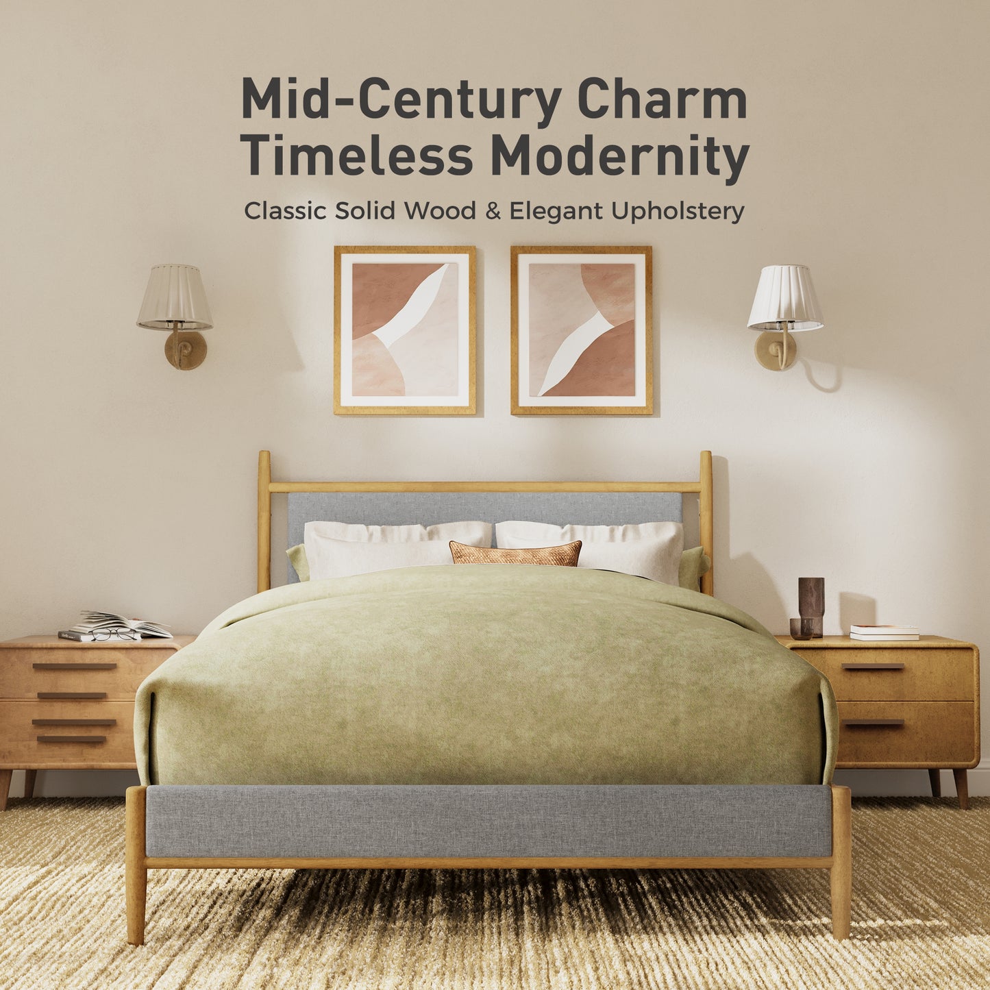 Sophia & William Queen Size Wood Bed Frame Upholstered Platform Bed Frame with Headboard & Footboard Mid-Century Bedroom Furniture,No Box Spring Needed,Gray