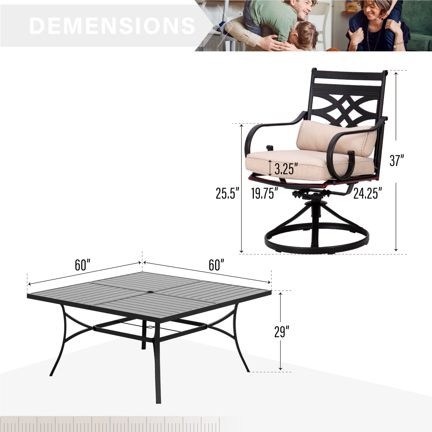 Sophia & William 9 Piece Outdoor Metal Patio Dining Set 60  Square Table and Swivel Chairs Furniture Set for 8, Beige