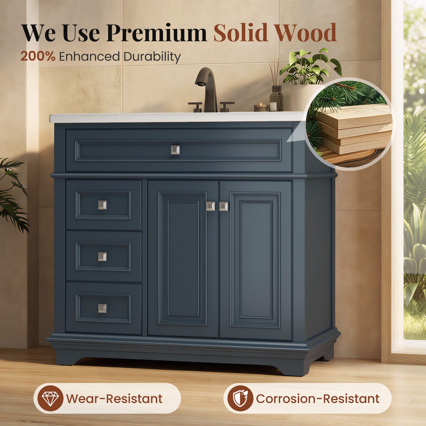 Sophia & William 36inch Bathroom Vanity with 5inch Deep Sink Freestanding Wood Bathroom Cabinet Vanity with 2 Doors with Shelf & 2 Drawers, Charcoal Blue