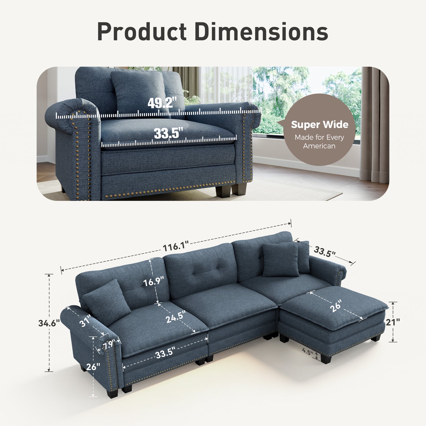 Sophia&William Modular Sectional Sofa Set, L-shaped Oversized Linen Cloud Couch Set 4-Seat Retro Nailhead Trim Cloud Sofa Set with 3 Pillows for Living Room, Cyan