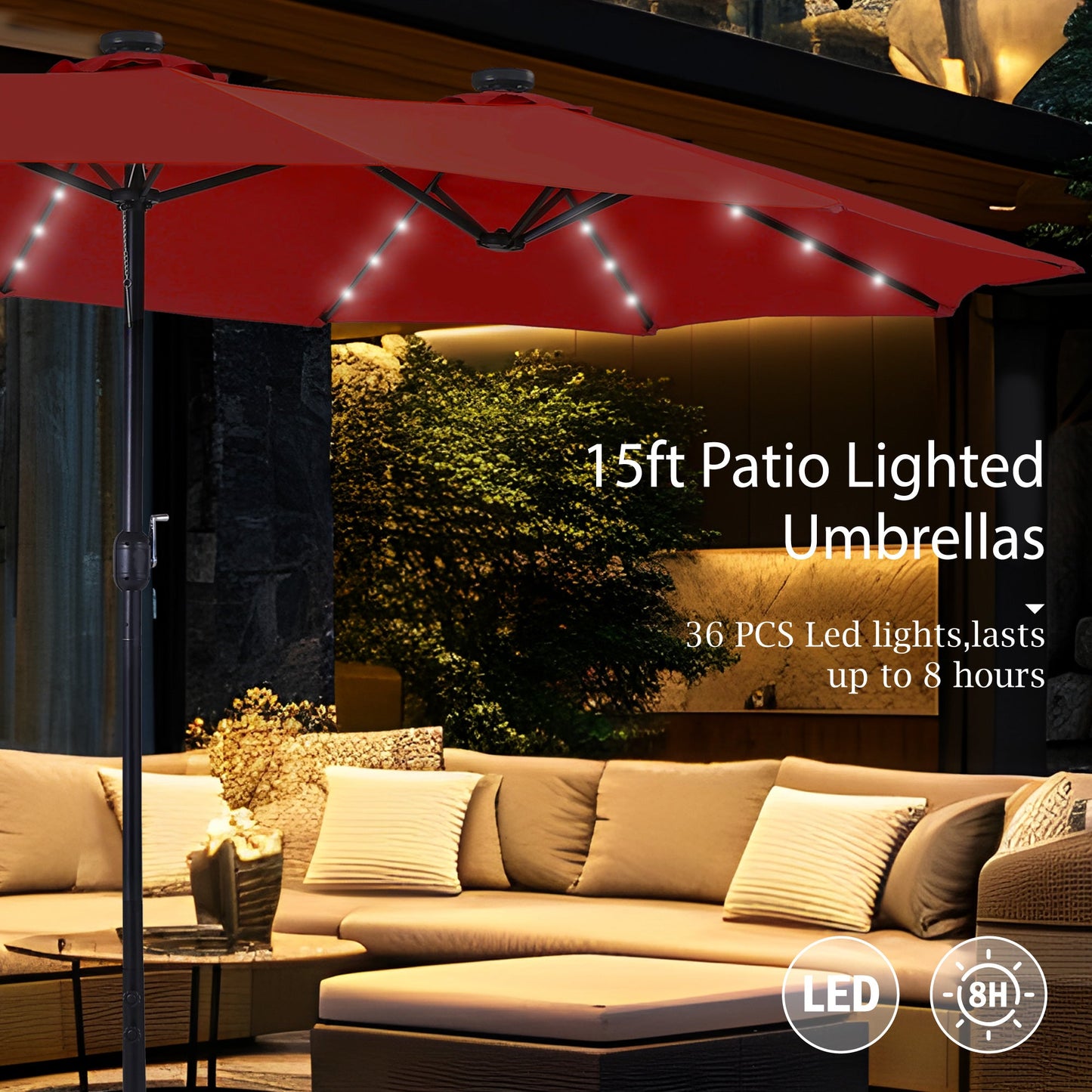Alpha Joy 15ft Extra Large Outdoor Patio Double-Sided Umbrella with Solar Lights & Umbrella Base, Burgundy
