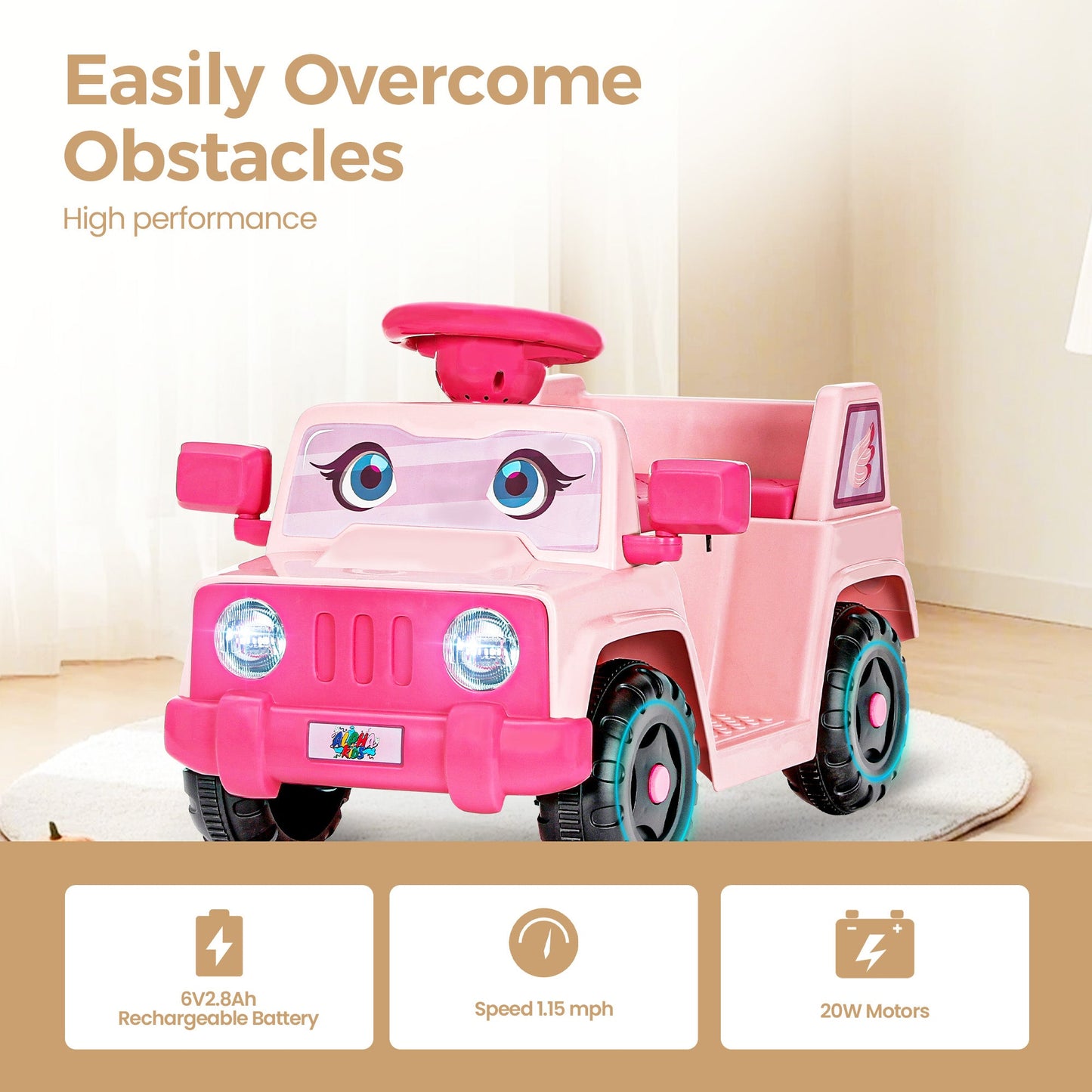 Alpha Joy Kids Remote Control Car Toys with LED Lights & Fish Sticker, Pink