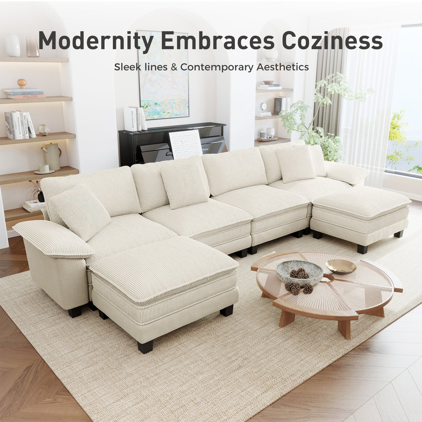 Sophia&William L-shaped Convertible Sectional Sofa Couch, Modern Chenille Couch Cloud Deep Seat Sofa Modular with Corduroy Frame & 2 Pillows & Ottoman for Living Room, Apartment, White