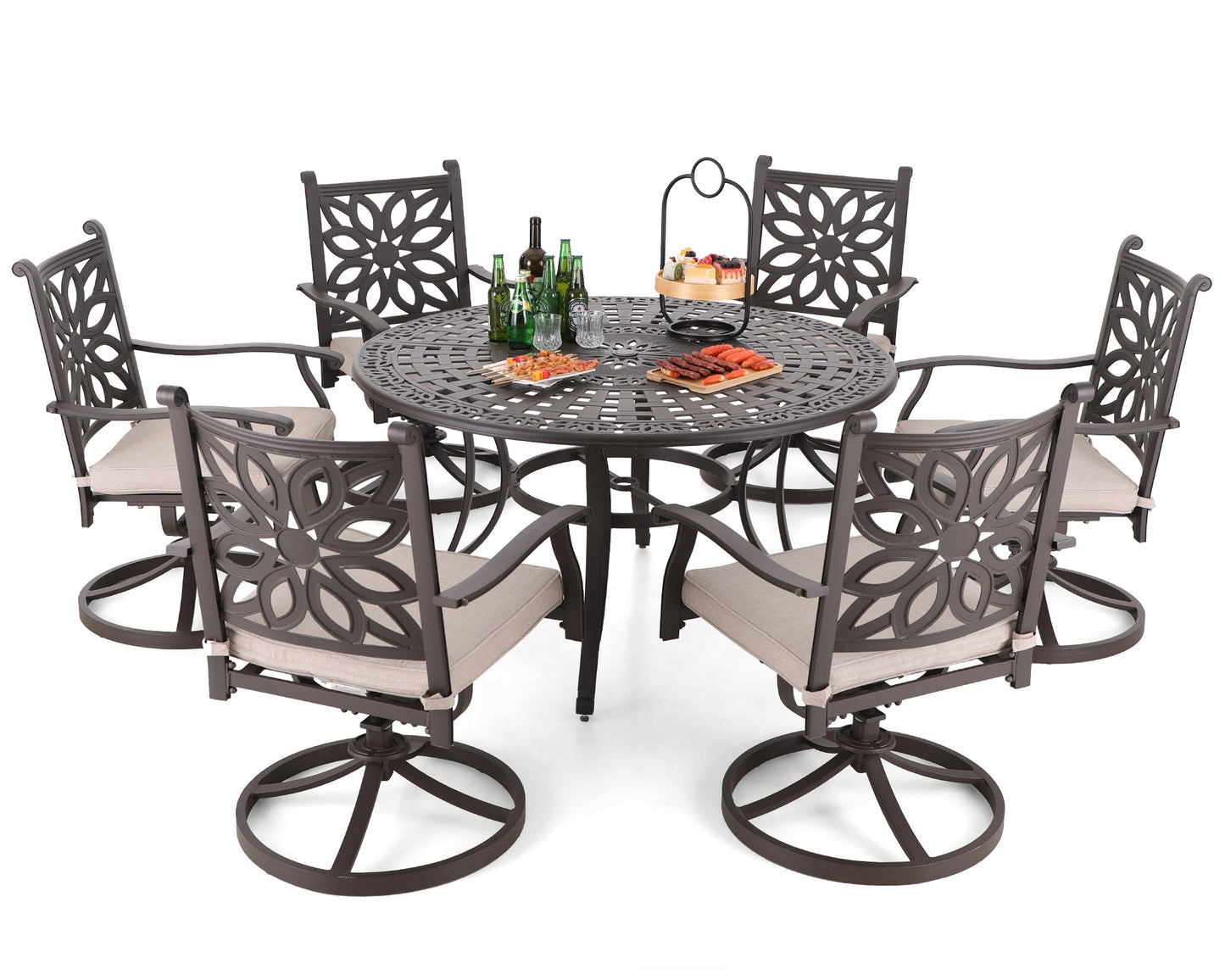 Sophia & William 7 Pieces Cast Aluminium Patio Dining Furniture Set for 6, Powder-coating Outdoor Swivel Rocking Dining Chairs and Round Table with 2.2" Umbrella Hole for Porch Backyard Deck, Bronze