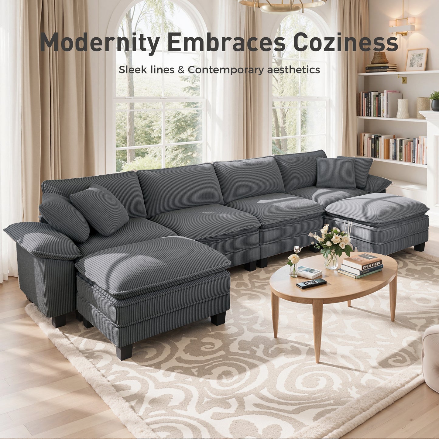Sophia&William 3-Seat Modular Sectional Sofa Sets, Modern Corduroy Couch Cloud Sofa with Throw Pillows for Living Room,Gray