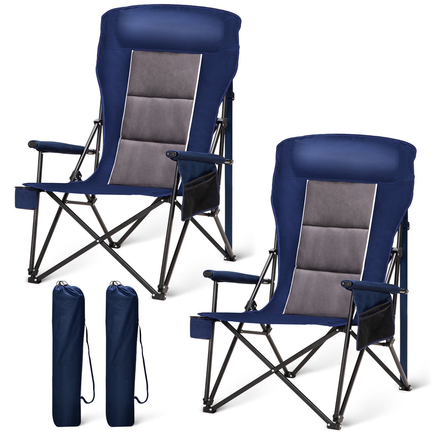Sophia & William 2-Pack Heavy Duty High Back Camping Chairs 500lbs Capacity Oversized Folding Chairs with Cup Holder, Portable for Outdoor, Beach and Picnic, Blue