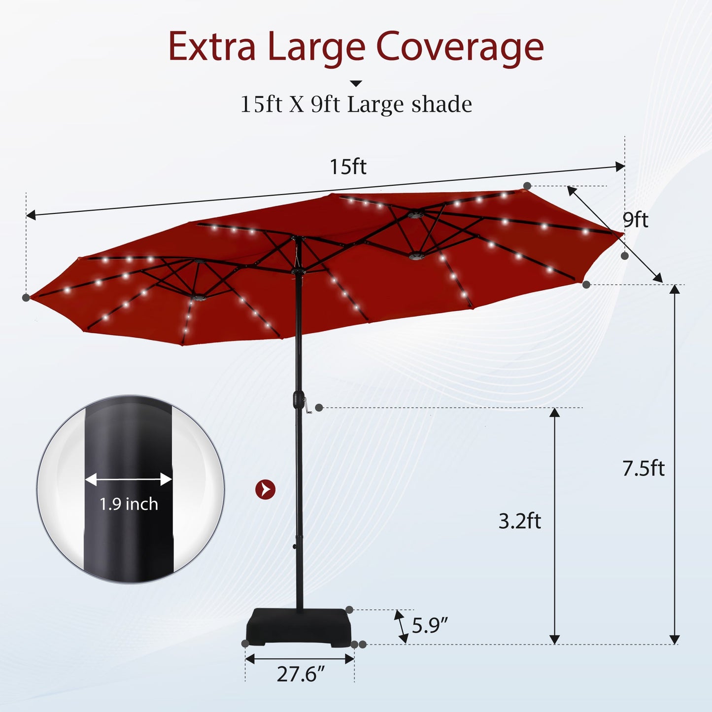 Alpha Joy 15ft Extra Large Outdoor Patio Double-Sided Umbrella with Solar Lights & Umbrella Base, Burgundy