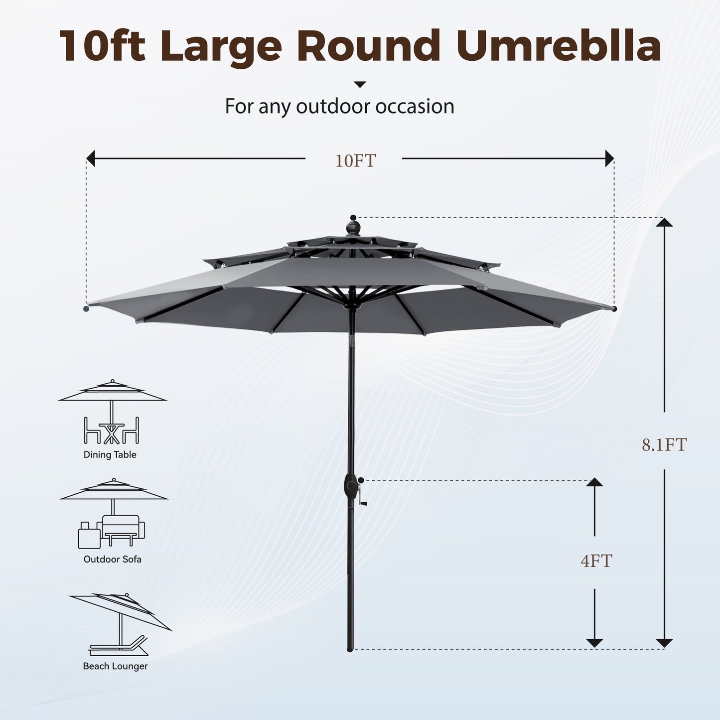 Alpha Joy 10ft 3-Tier Auto-Tilt Patio Umbrella, Steel Pole & Ribs ¨C Double Vented, Push-Button Tilt & Crank, Smoky Gray