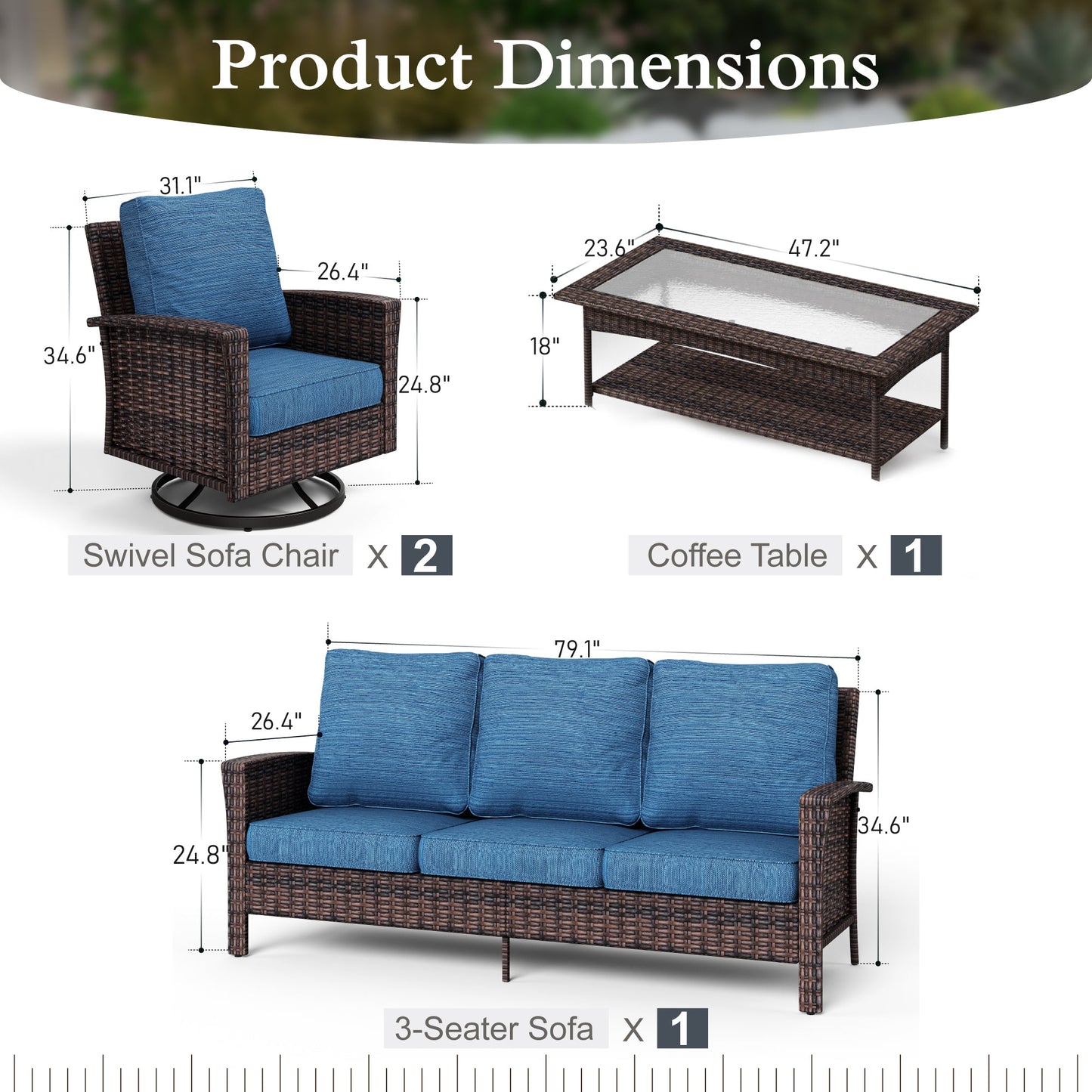 Sophia & William 4 Pieces Patio Furniture Set with Swivel Chairs 5-Seat Wicker Outdoor Conversation Set with Thickened Cushions