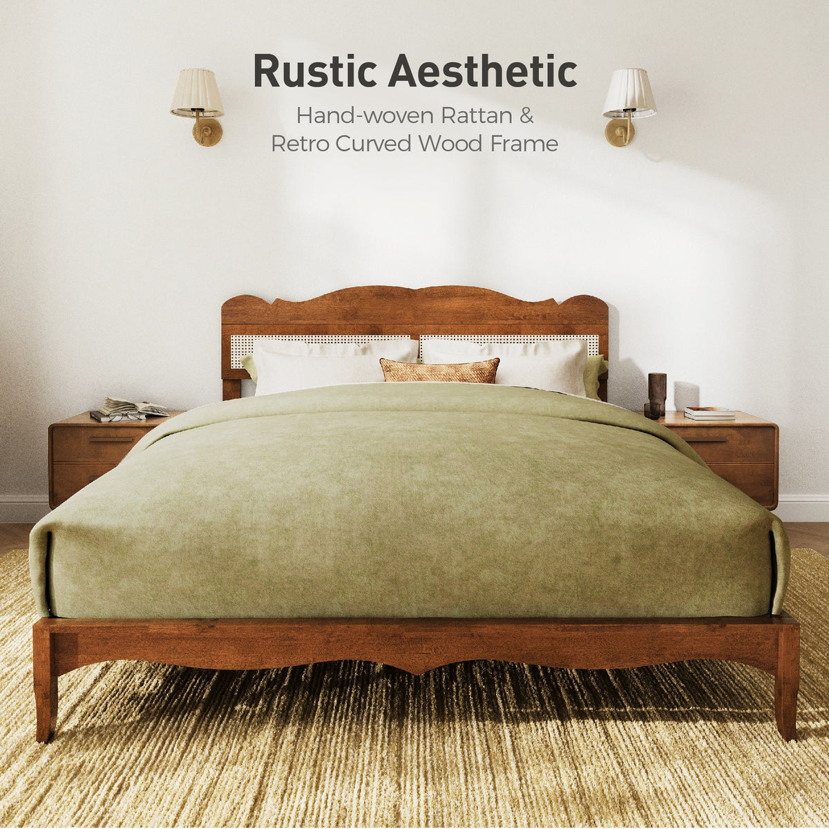 Sophia & William King Size Wood Platform Bed Frame with Wooven Rattan Adjustable Headboard & Wooden Slats,No Box Spring Needed