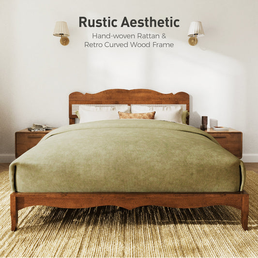 Sophia & William King Size Wood Platform Bed Frame with Wooven Rattan Adjustable Headboard & Wooden Slats,No Box Spring Needed