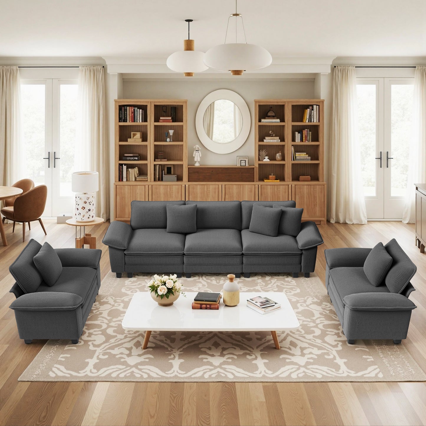 Sophia&William 123.6"L Modular Sectional Sofa Sets, Modern Corduroy Cloud Couch 5-Seat 24.4"W Sofa Sectional with Pillows for Living Room,Gray