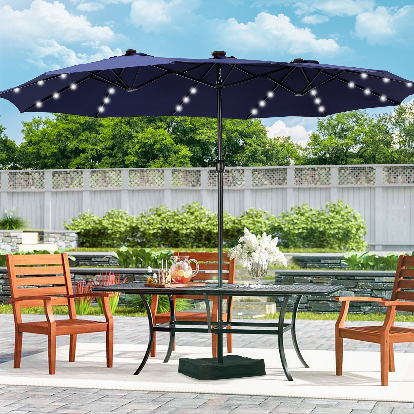 Alpha Joy 15ft Extra Large Outdoor Patio Double-Sided Umbrella with Solar Lights & Umbrella Base, Navy Blue