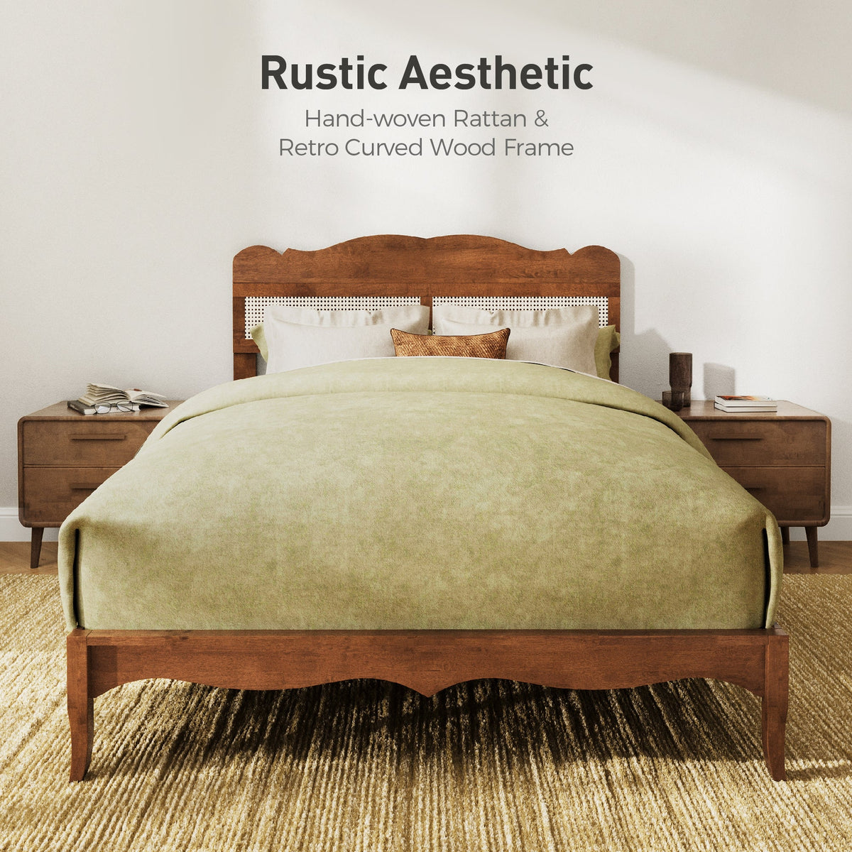 Sophia & William Queen Size Platform Bed Frame Rattan Bed Frame with Adjustable Headboard & Wooden Slats for Bedroom,No Box Spring Needed