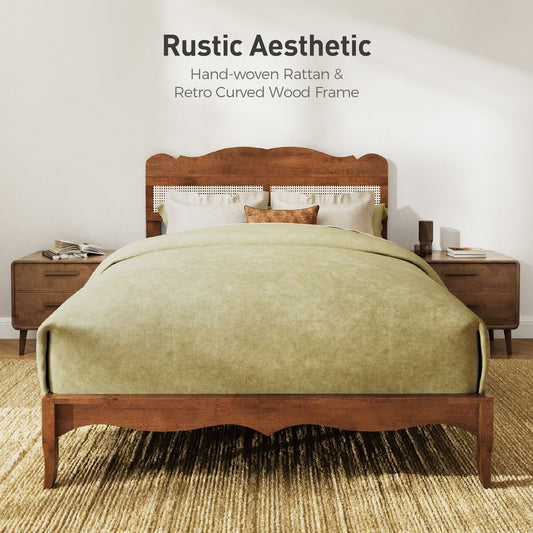 Sophia & William Queen Size Platform Bed Frame Rattan Bed Frame with Adjustable Headboard & Wooden Slats for Bedroom,No Box Spring Needed