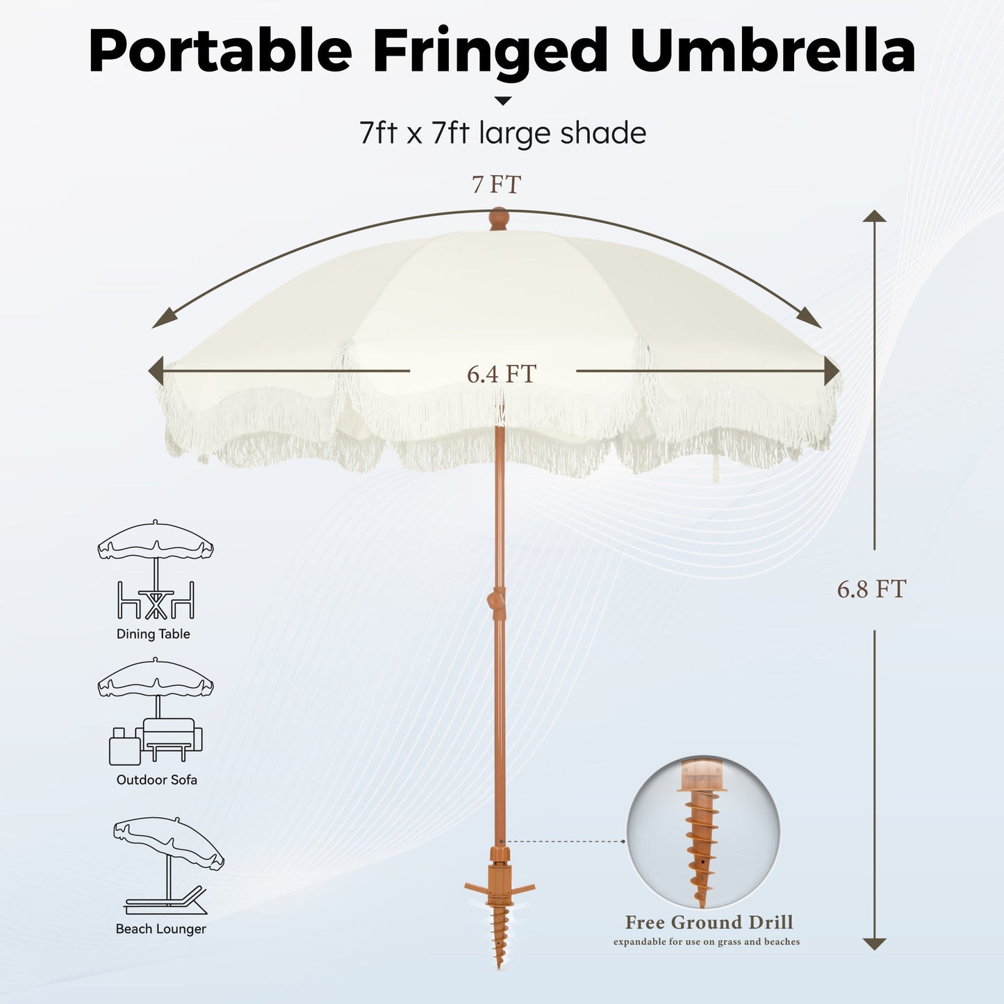 Alpha Joy 7FT Outdoor Parasol Beach Umbrella Fiberglass Ribs Umbrella with Tassel, Ivory