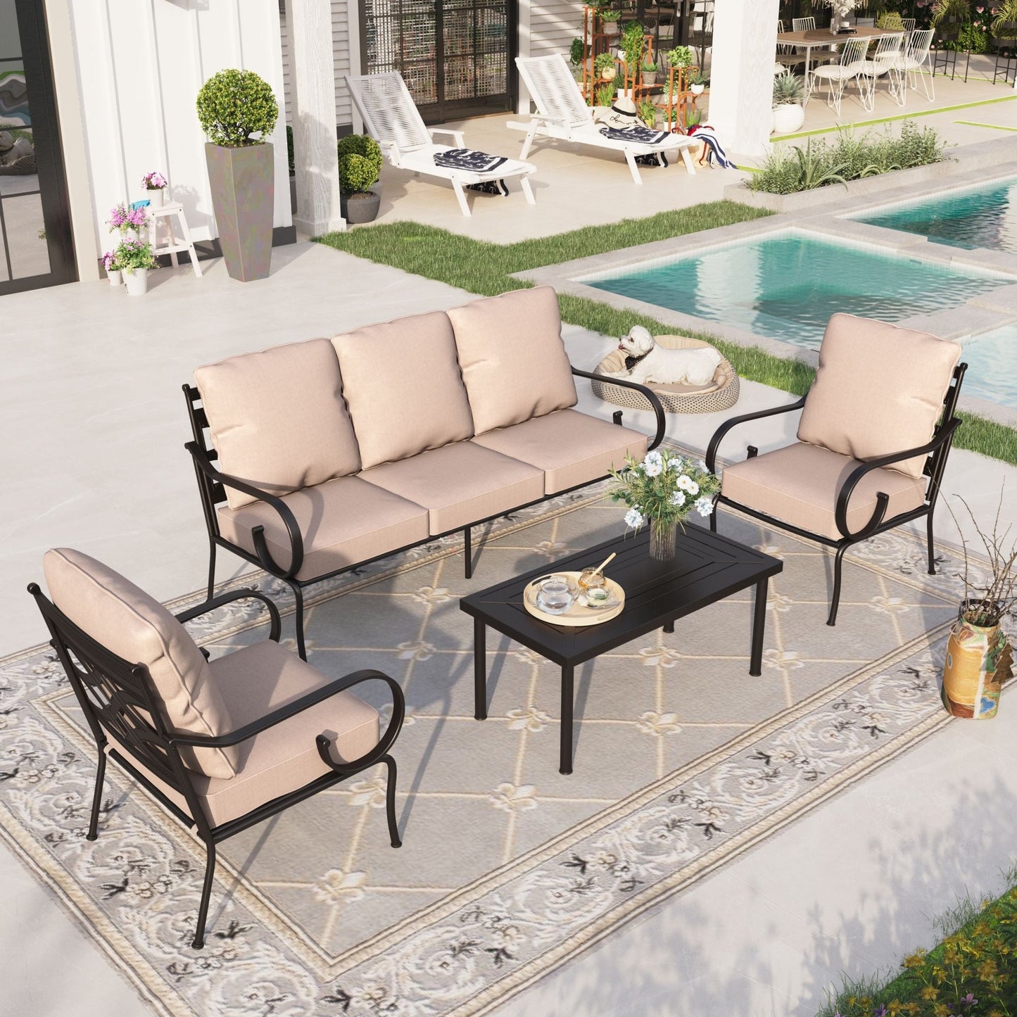 Sophia & William Metal Patio Furniture Set Outdoor Sectional Conversation Set, Beige