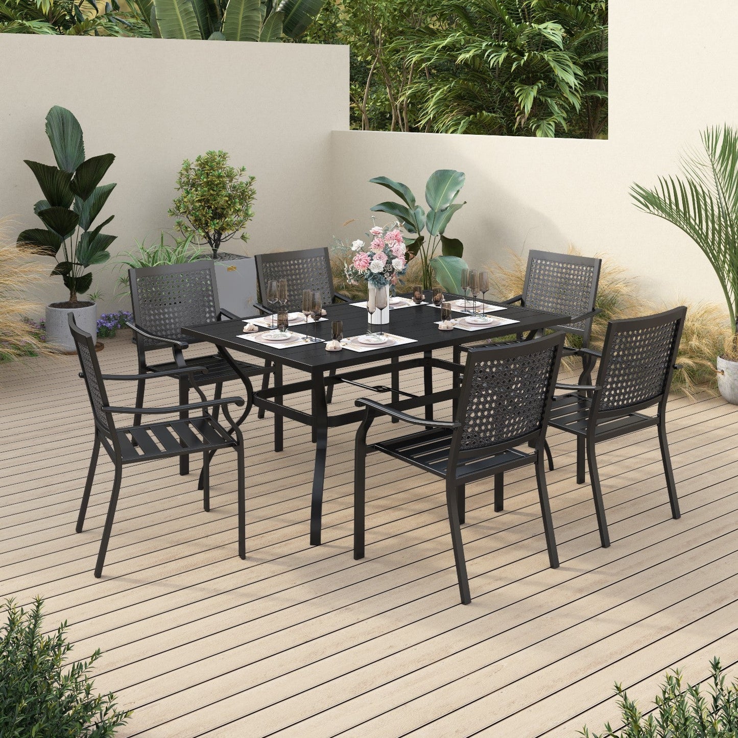 Sophia&William 7 Pieces Patio Dining Set Metal Stackable Chairs and Table,Black