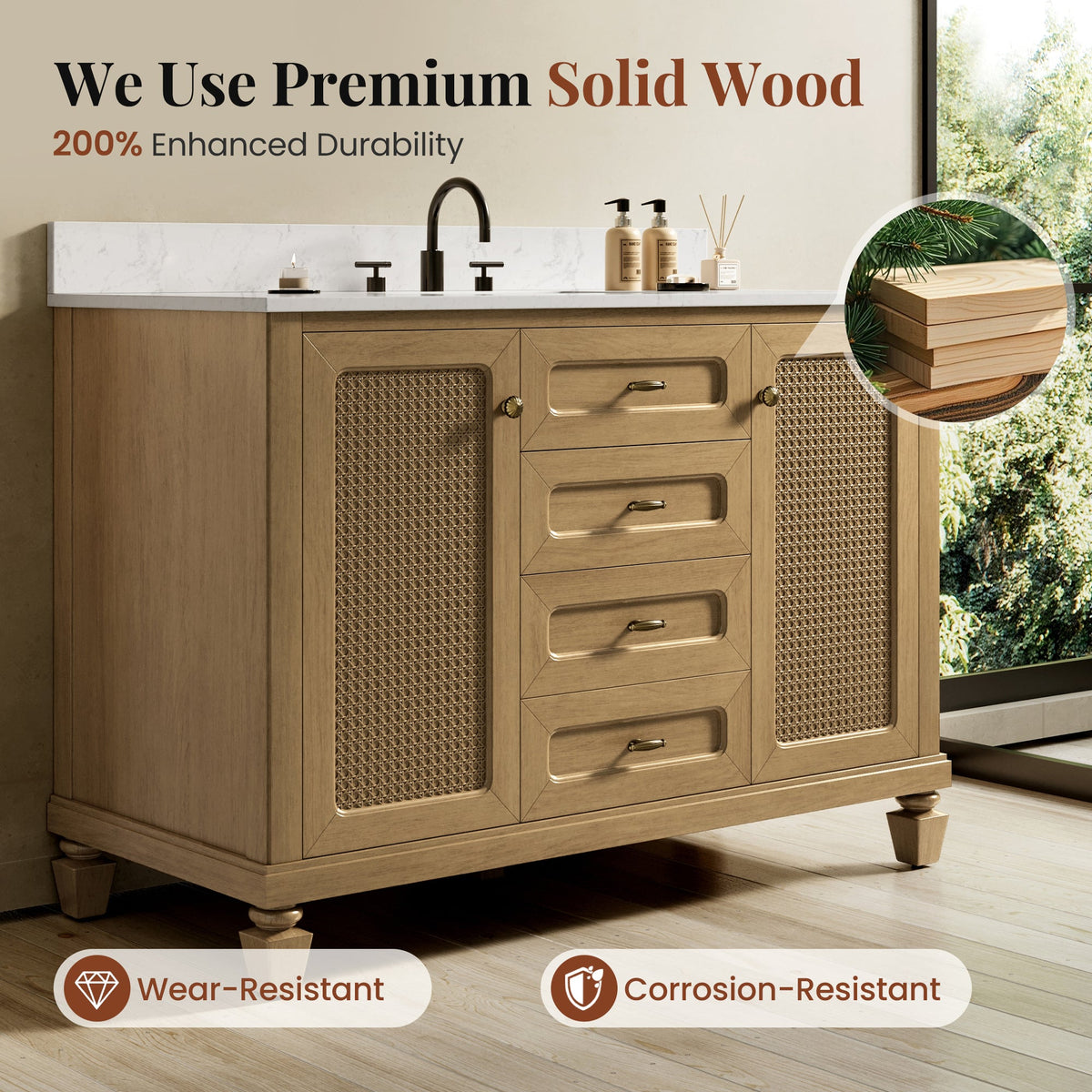 Sophia & William 48" Bathroom Vanity with Sink Freestanding Wood Bathroom Cabinet Vanity with 2 Doors of Adjustable Shlves, 1 Tip-out Drawers, 2 Pull-out Drawers and 1 Elevated Drawer, Light Oak