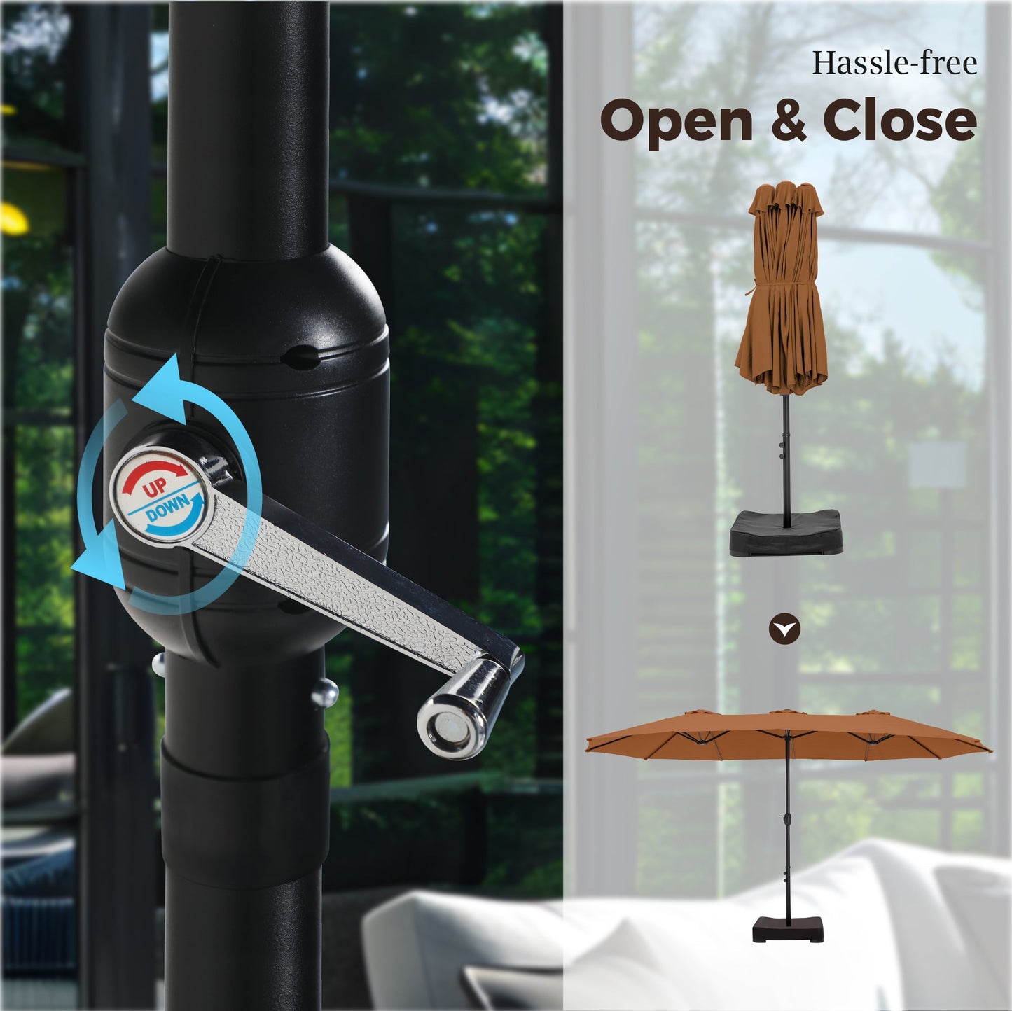Alpha Joy 15ft Outdoor Patio Umbrella Extra-Large Double-Sided Garden Umbrella with Crank Handle and Base - Tawny