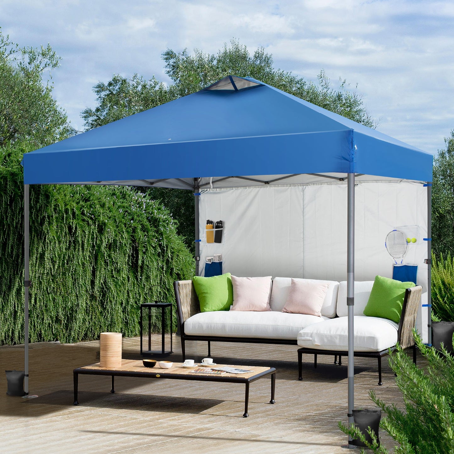 10x10ft Easy Set Up 3 Height Adjustable Pop Up UV Protection Canopy Tent with Removable Side Wall, Blue