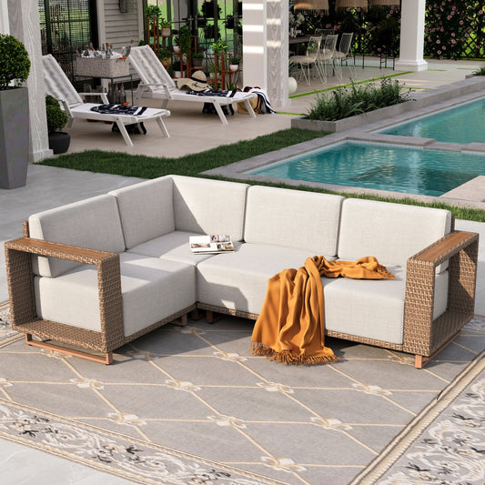 Sophia & William 4 Pieces Wicker Patio Furniture Set with Yellow-Brown Rattan & Thick Beige Cushions