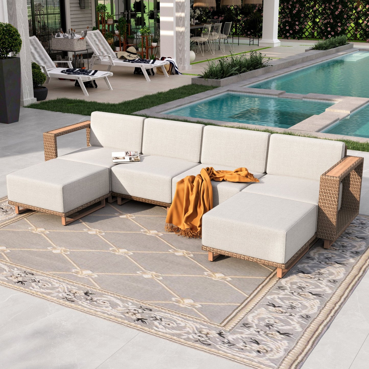 Sophia & William 6 Pieces Wicker Patio Furniture Set 6-Seat Outdoor Cushioned Conversation Set with Ottomans, Yellow-Brown & Beige