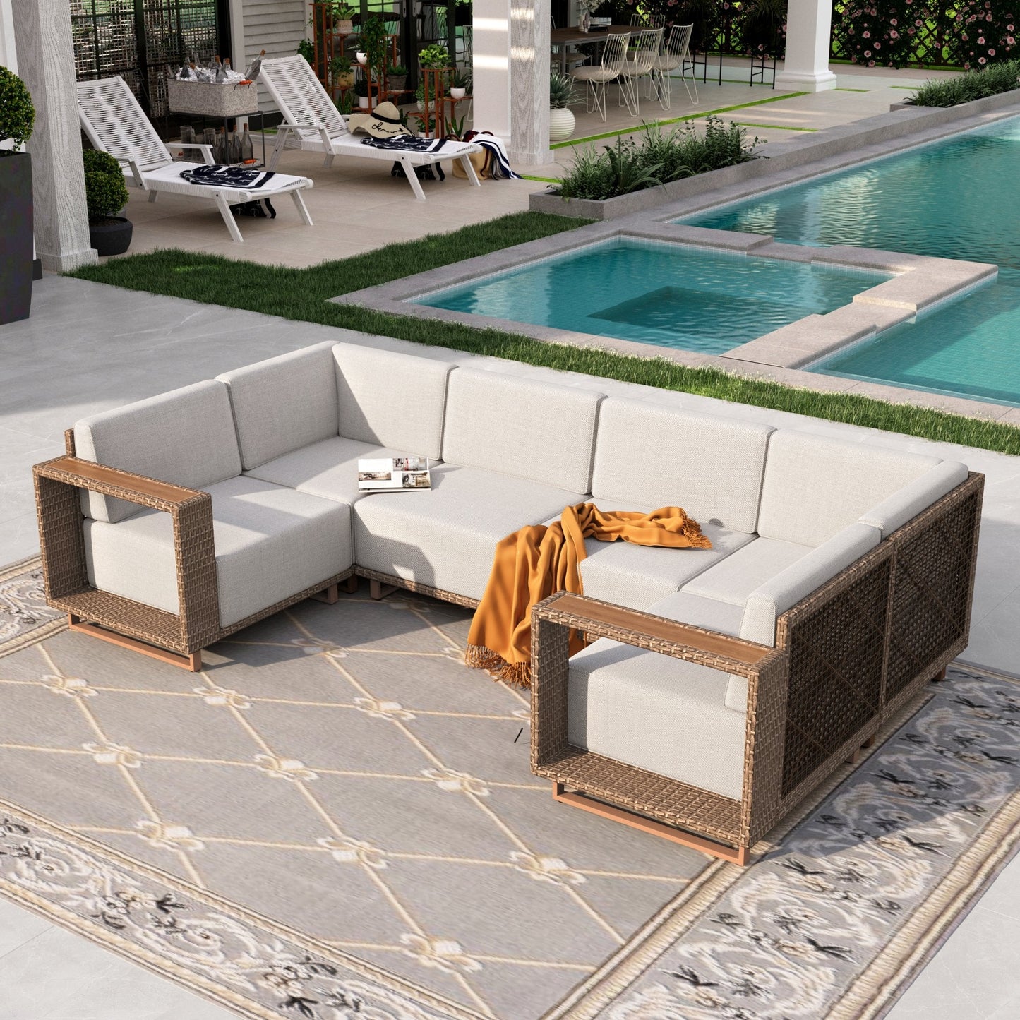 Sophia & William 6 Pieces U-shaped Wicker Patio Furniture Set 6-Seat Outdoor Cushioned Conversation Set, Yellow-Brown & Beige