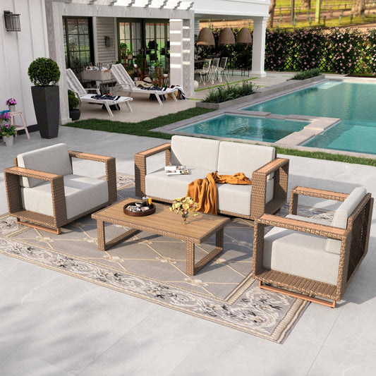 Sophia & William 5 Pieces Wicker Patio Furniture Set 4-Seat Outdoor Cushioned Conversation Set with Coffee Table, Yellow-Brown & Beige