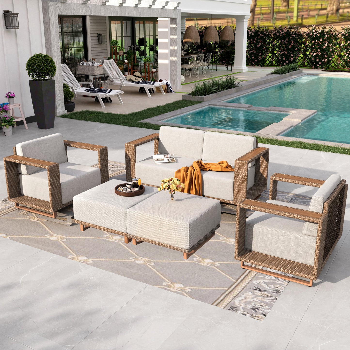 Sophia & William 6 Pieces Wicker Patio Furniture Set 6-Seat Outdoor Cushioned Conversation Set with 2 Sofa Chairs, Yellow-Brown & Beige