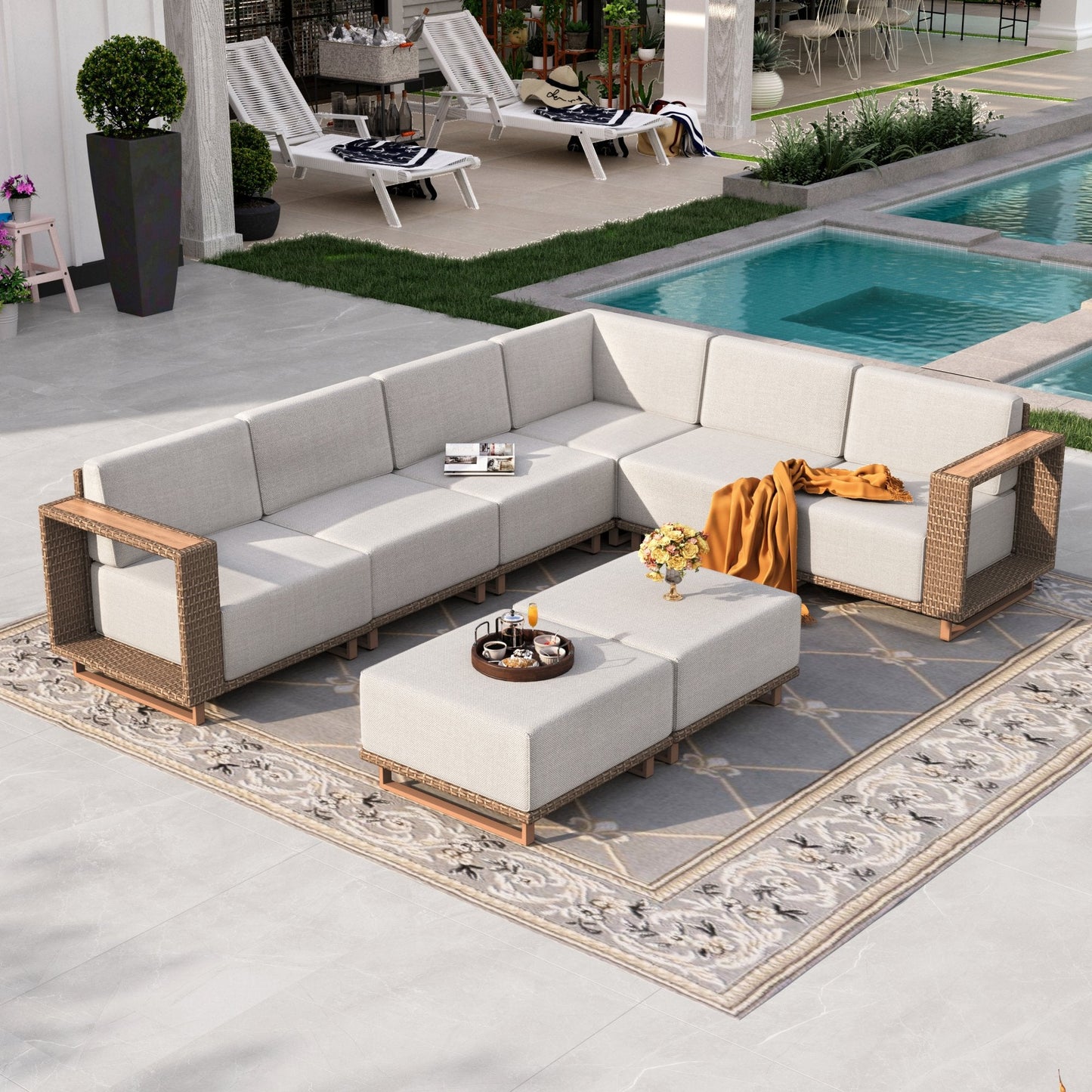 Sophia & William 8 Pieces L-shaped Wicker Patio Furniture Set 8-Seat Outdoor Cushioned Conversation Set, Yellow-Brown & Beige