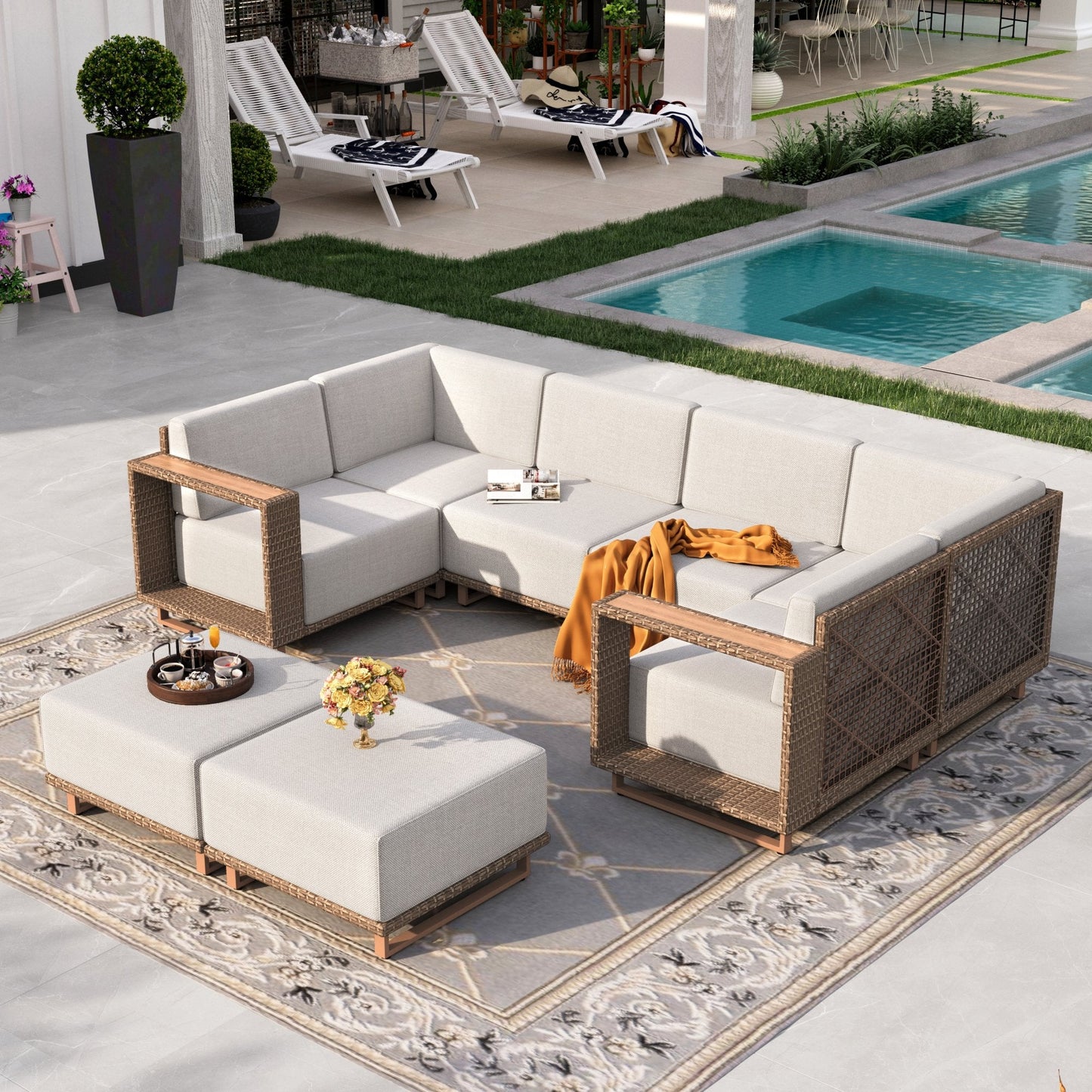 Sophia & William 8 Pieces U-shaped Wicker Patio Furniture Set 8-Seat Outdoor Cushioned Conversation Set, Yellow-Brown & Beige