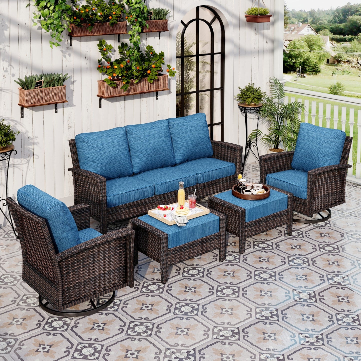 Sophia & William 5 Pieces Patio Furniture Set with Swivel Chairs 7-Seat Wicker Outdoor Conversation Set with Thickened Cushions