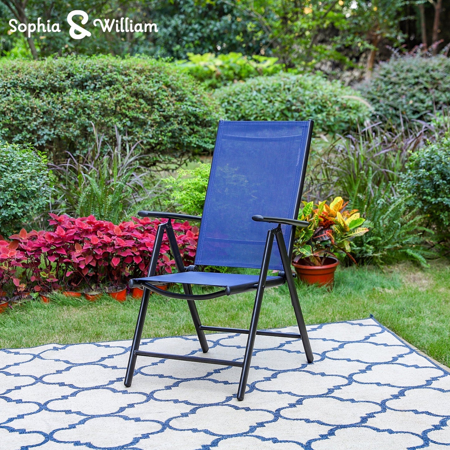 Sophia & William 6-Piece Outdoor Patio Dining Set with 10ft Umbrella, Adjustable Folding Chairs & Square Table for 4, Blue & Beige