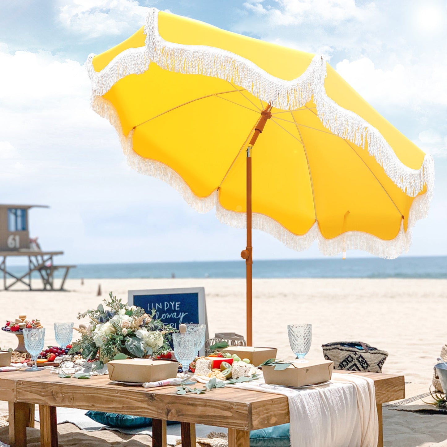 Alpha Joy 7FT Outdoor Parasol Beach Umbrella Fiberglass Ribs Umbrella with Tassel, Yellow