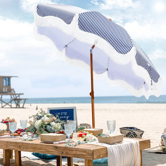 Alpha Joy 7FT Outdoor Parasol Umbrella Fiberglass Ribs Umbrella with Tassel, Navy Blue Strips