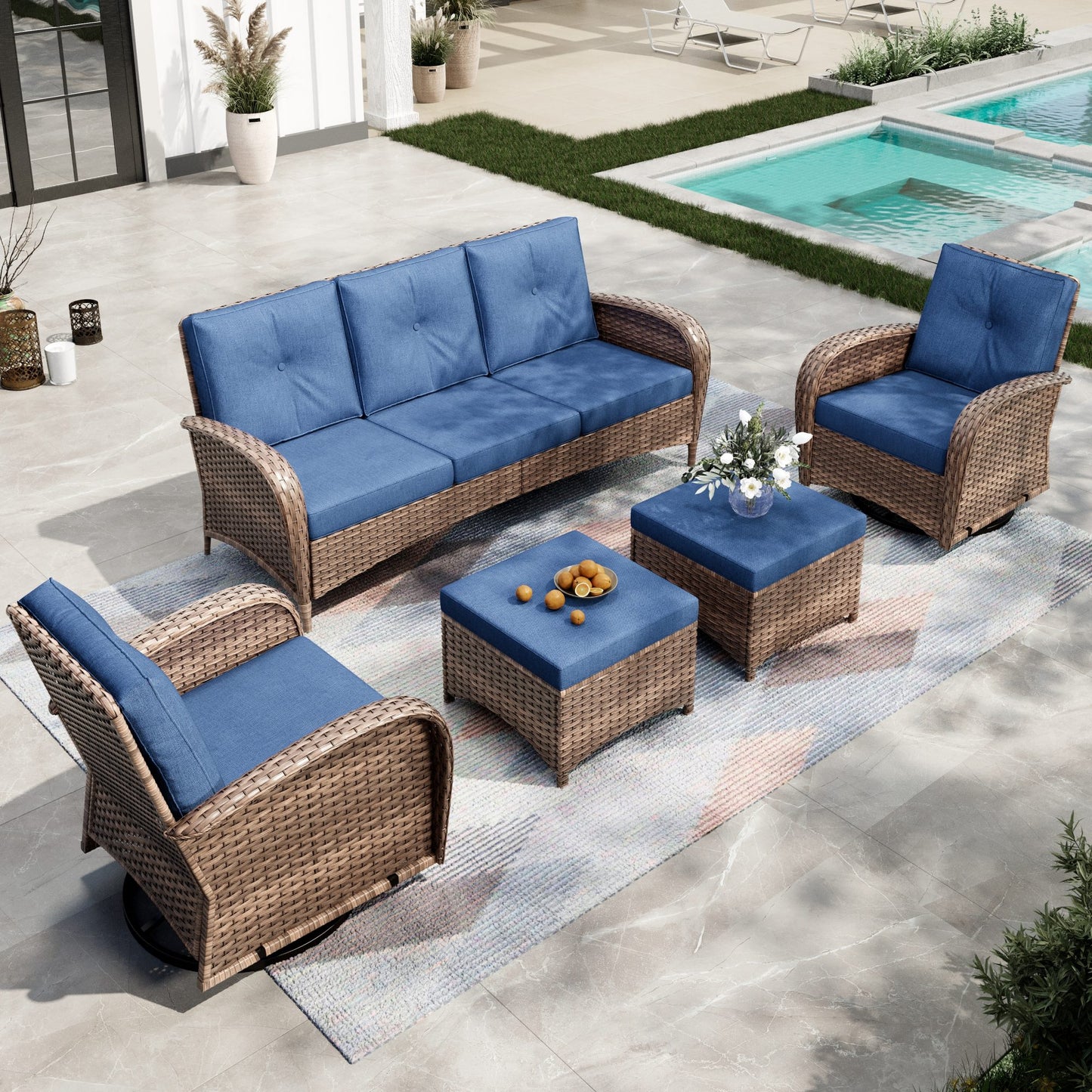 Sophia & William 5 Pieces Outdoor Patio Furniture Set 7-Seat Wicker Outdoor Conversation Sofa Set with Swivel Glider & 2 Ottomans, Navy